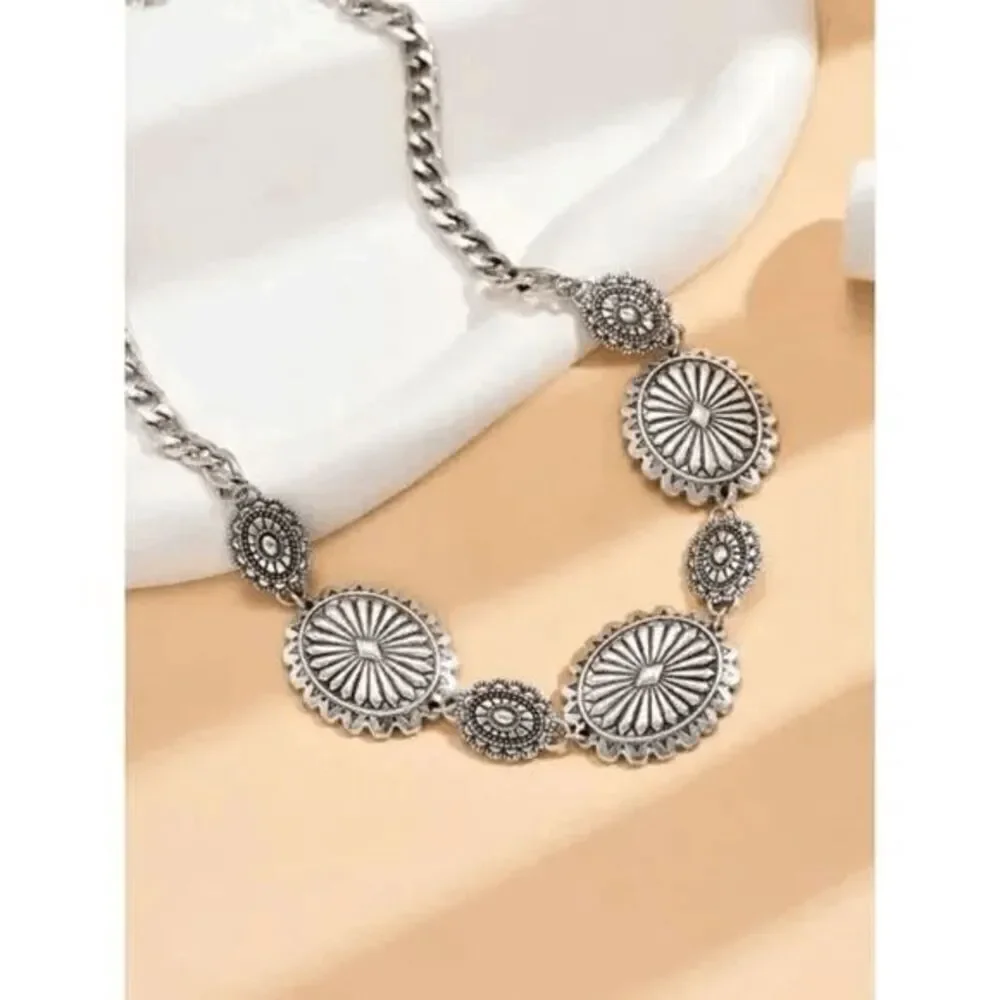 Antique Silver Concho Western Native Pendant Necklace